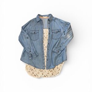 Hint of Mint Denim Button Down with Lace Detail